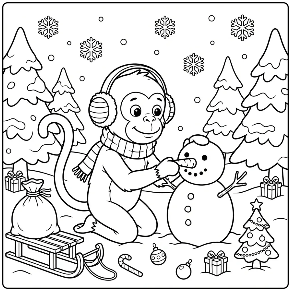 Christmas monkey coloring page with a snowman