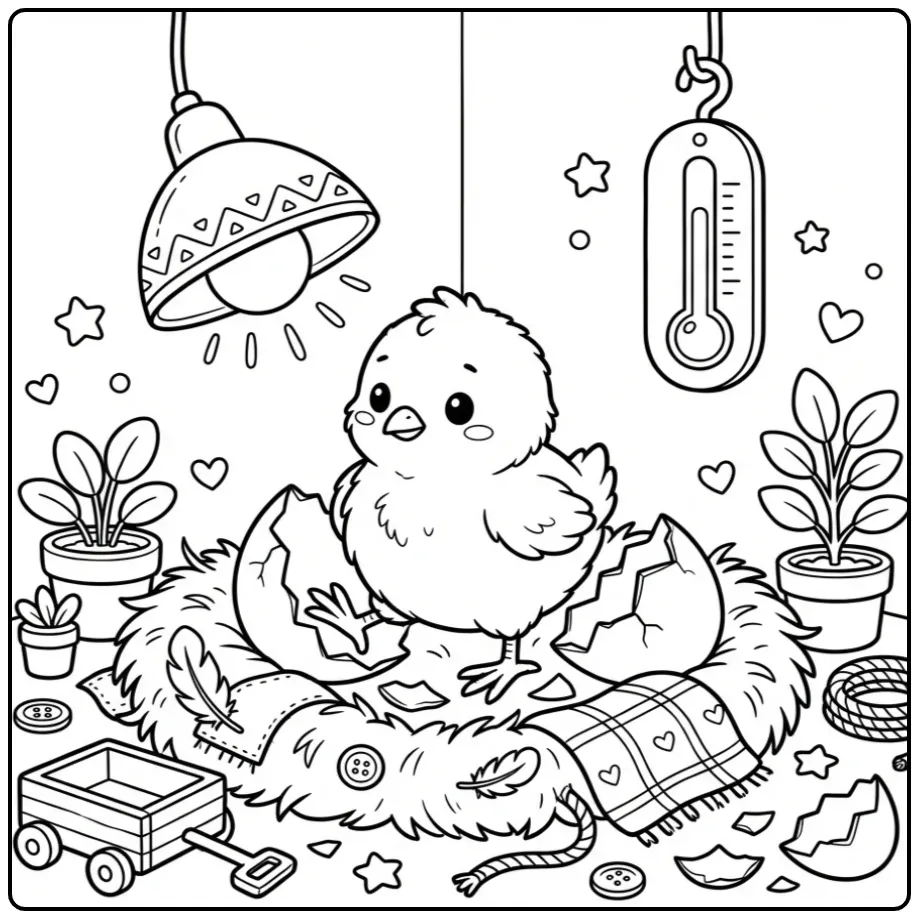 Chick hatching coloring page inside an incubator