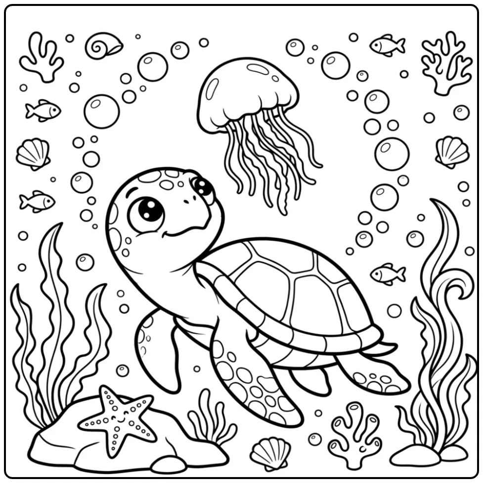 Turtle and jellyfish coloring page with seaweed and bubbles