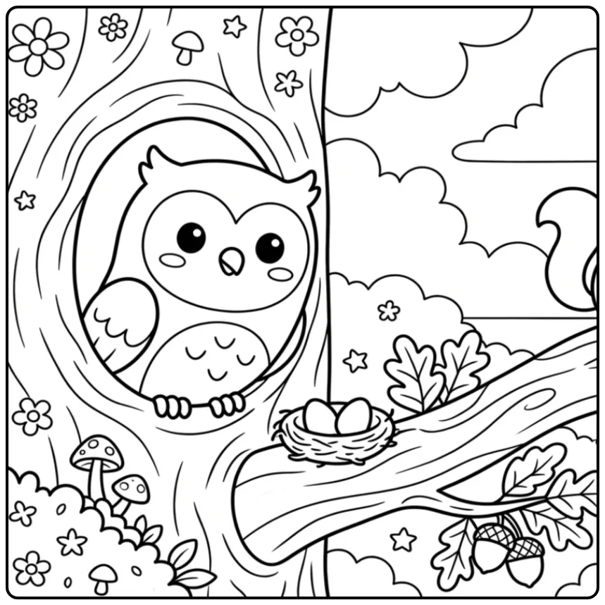 Owl on branch coloring page with acorns and leaves