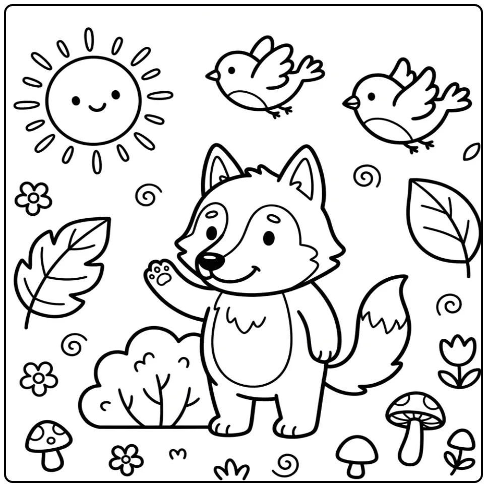 Easy wolf coloring page showing a waving wolf