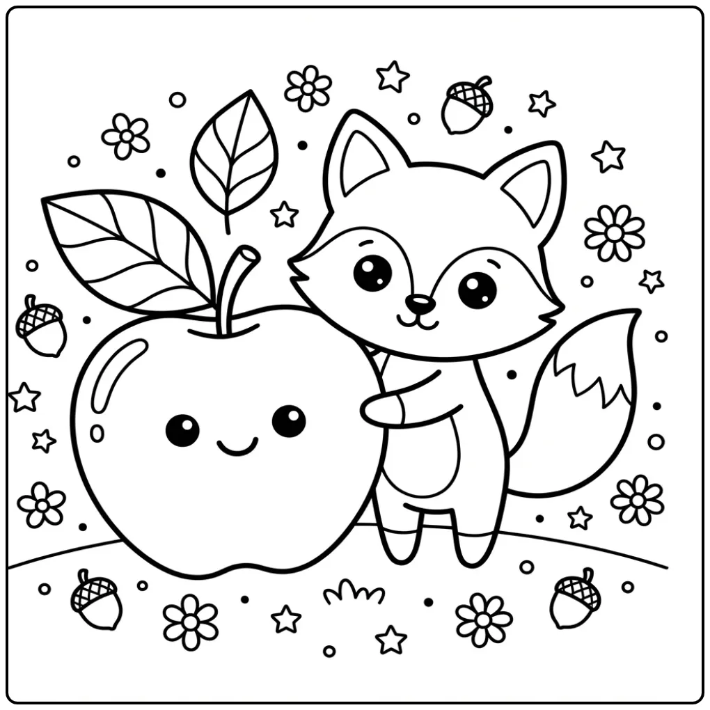 Easy fox coloring page with a large apple