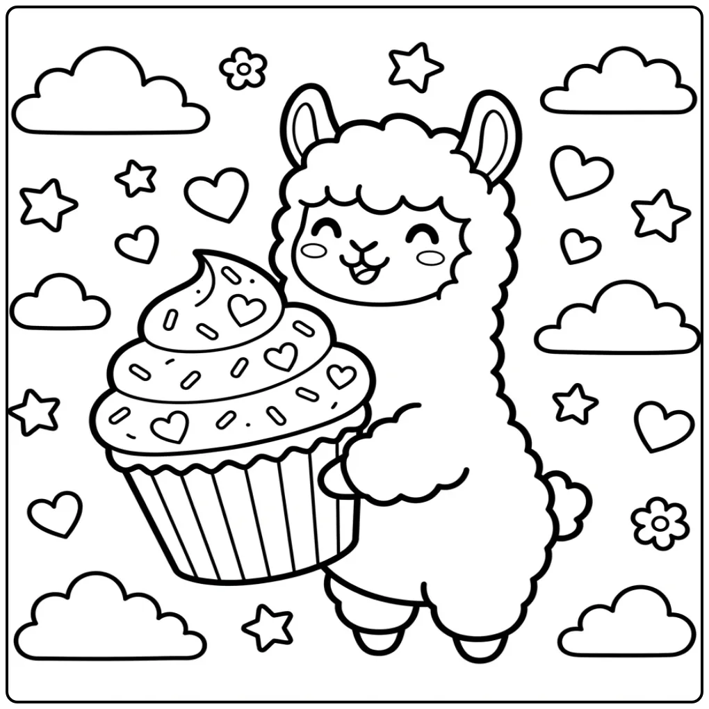 Cute alpaca coloring page with a large cupcake