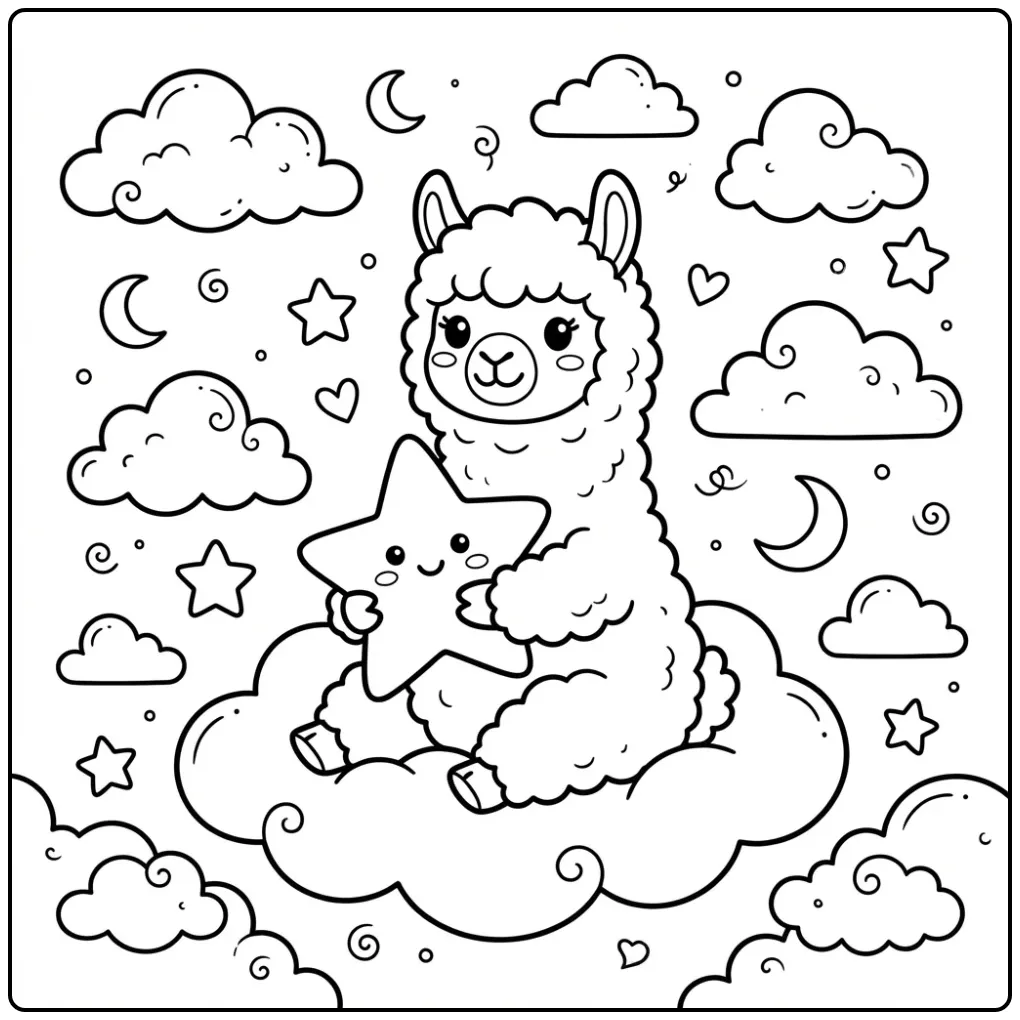 Cute alpaca coloring page on a cloud with a star