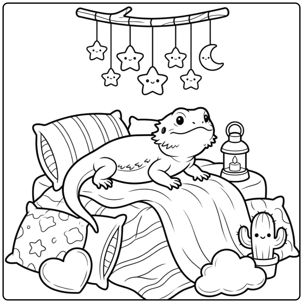 Cute bearded dragon coloring page in a cozy pillow fort