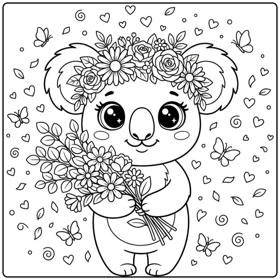 Cute koala coloring page with a flower crown and bouquet
