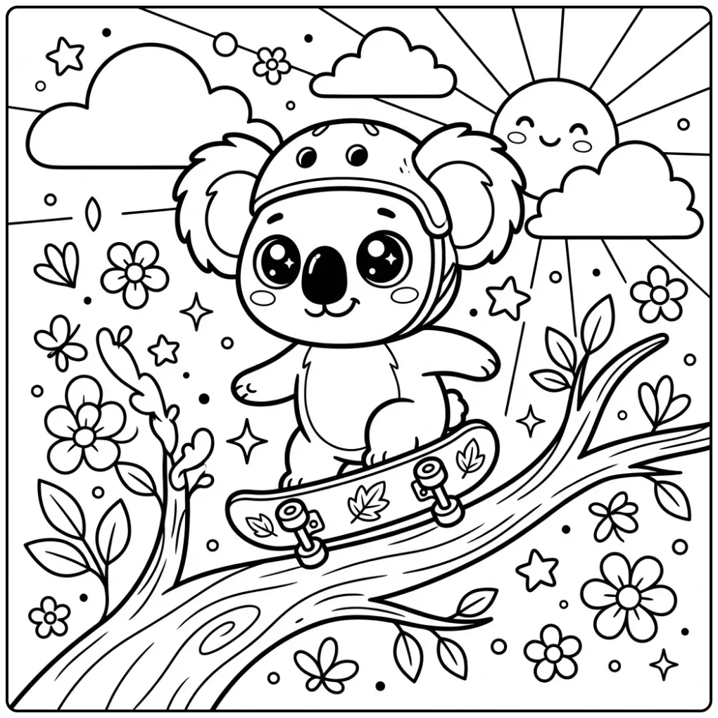 Cute koala coloring page on a skateboard with a helmet