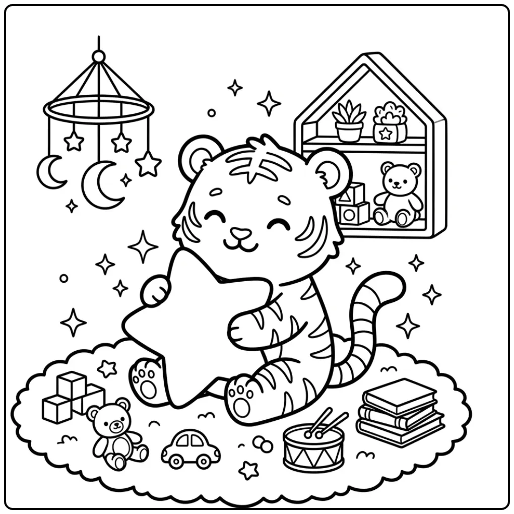 Cute tiger coloring page with a star pillow in bed