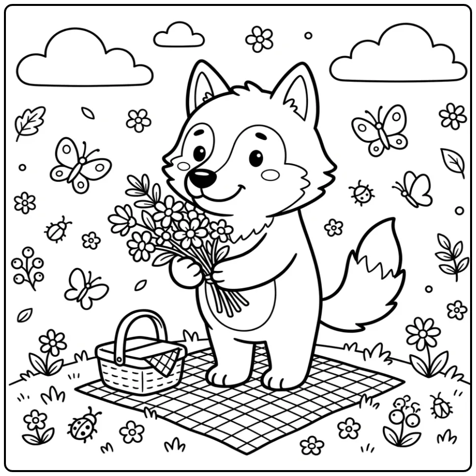 Cute wolf coloring page featuring a wolf on a picnic
