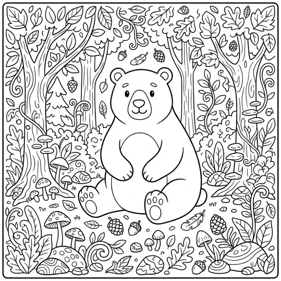 Difficult bear coloring page in a magical forest