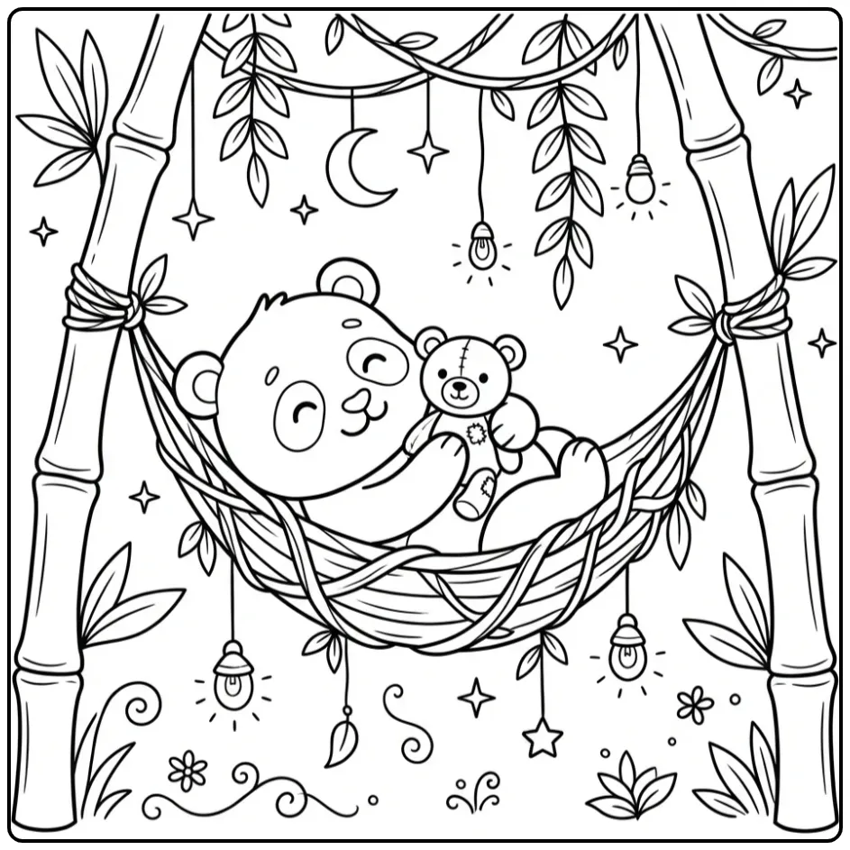 Baby panda coloring page in a hammock with a teddy bear