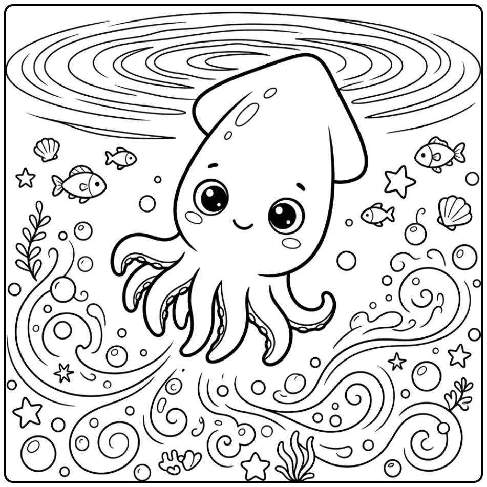 Cartoon squid coloring page with bubbles