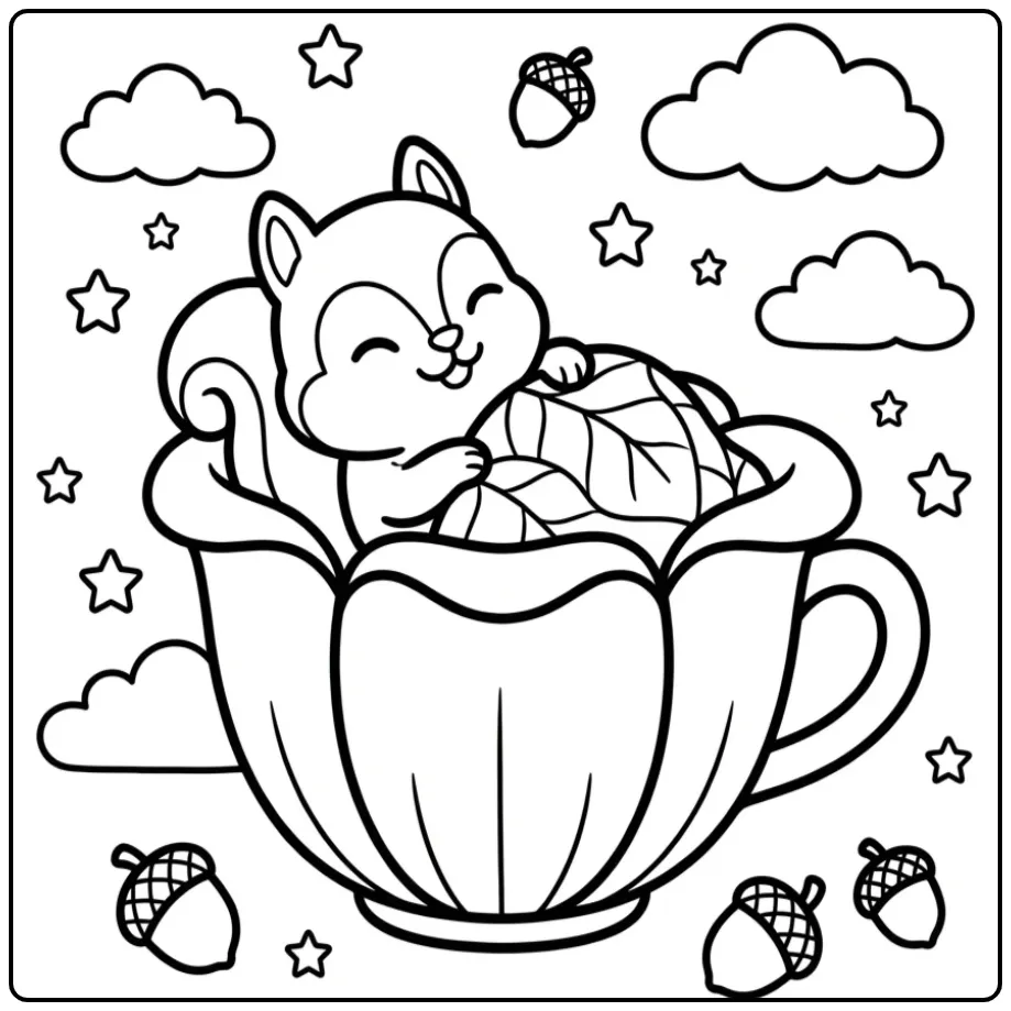 Cute squirrel coloring page sleeping inside a flower