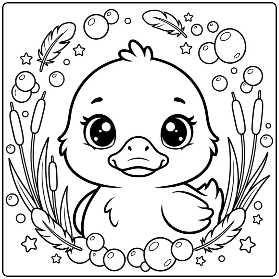 Baby duck coloring page with bubbles and stars