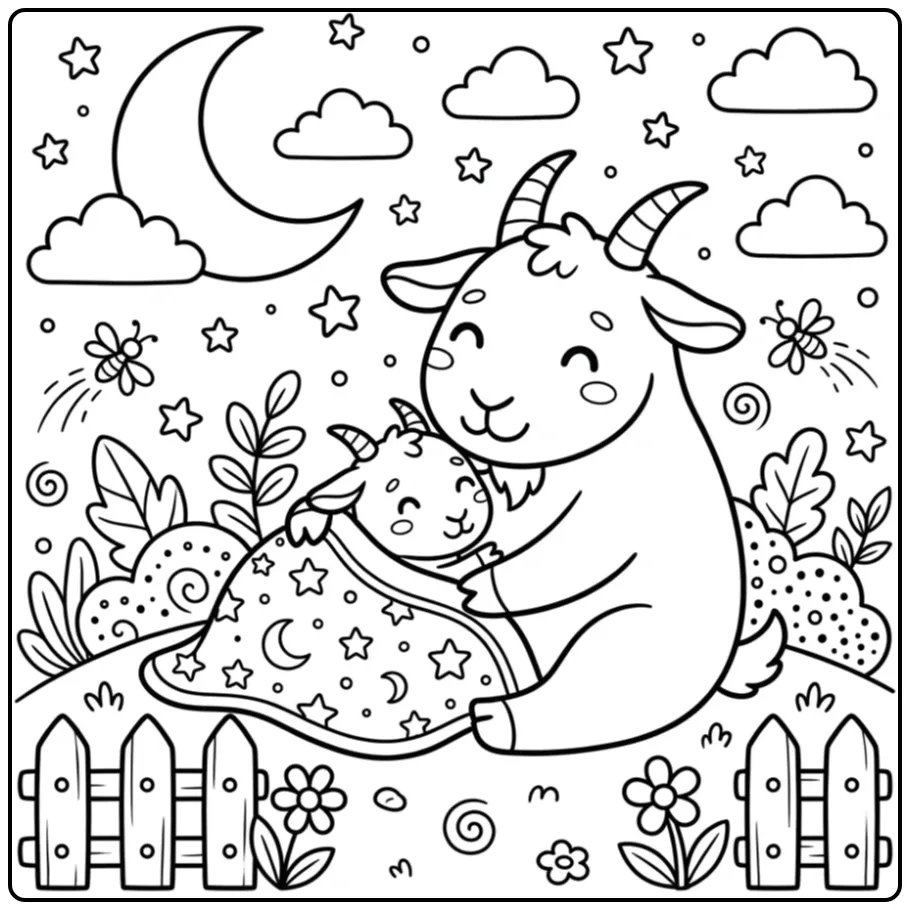 Sweet goat coloring page cuddling with a baby goat under the moon