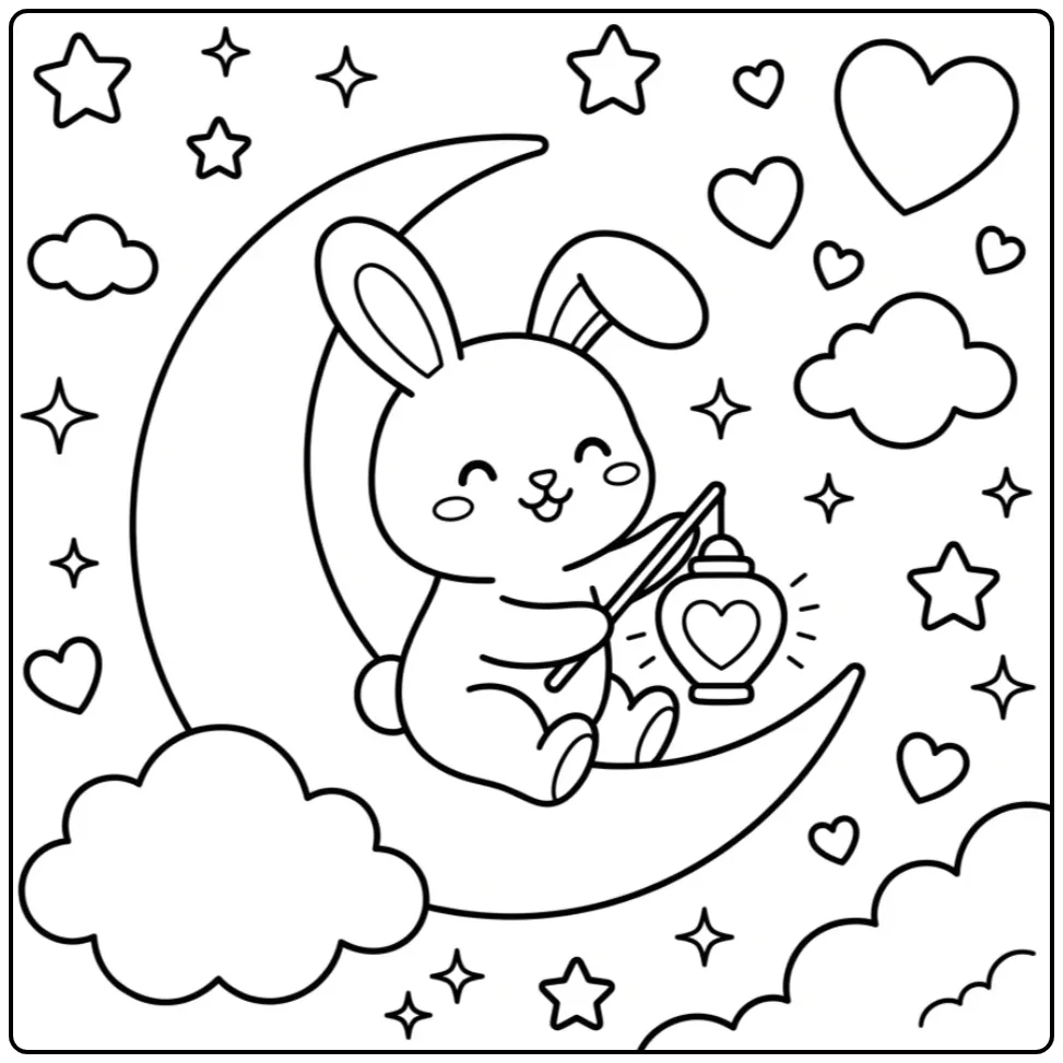 Rabbit with heart coloring page on the moon