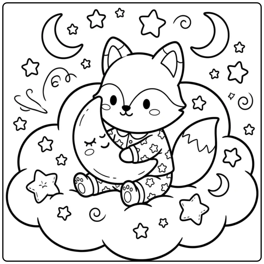 Cute fox coloring page in pajamas on a cloud