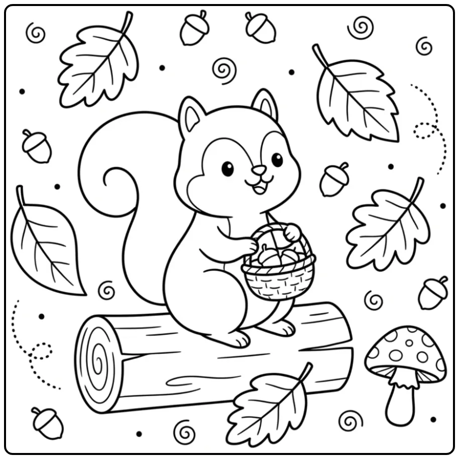 Easy squirrel coloring page collecting nuts in a basket