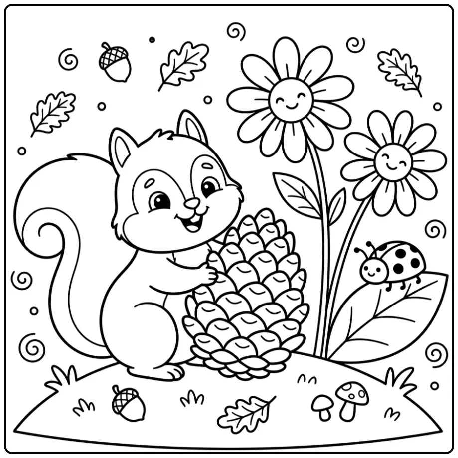 Squirrel coloring page hugging a large pinecone