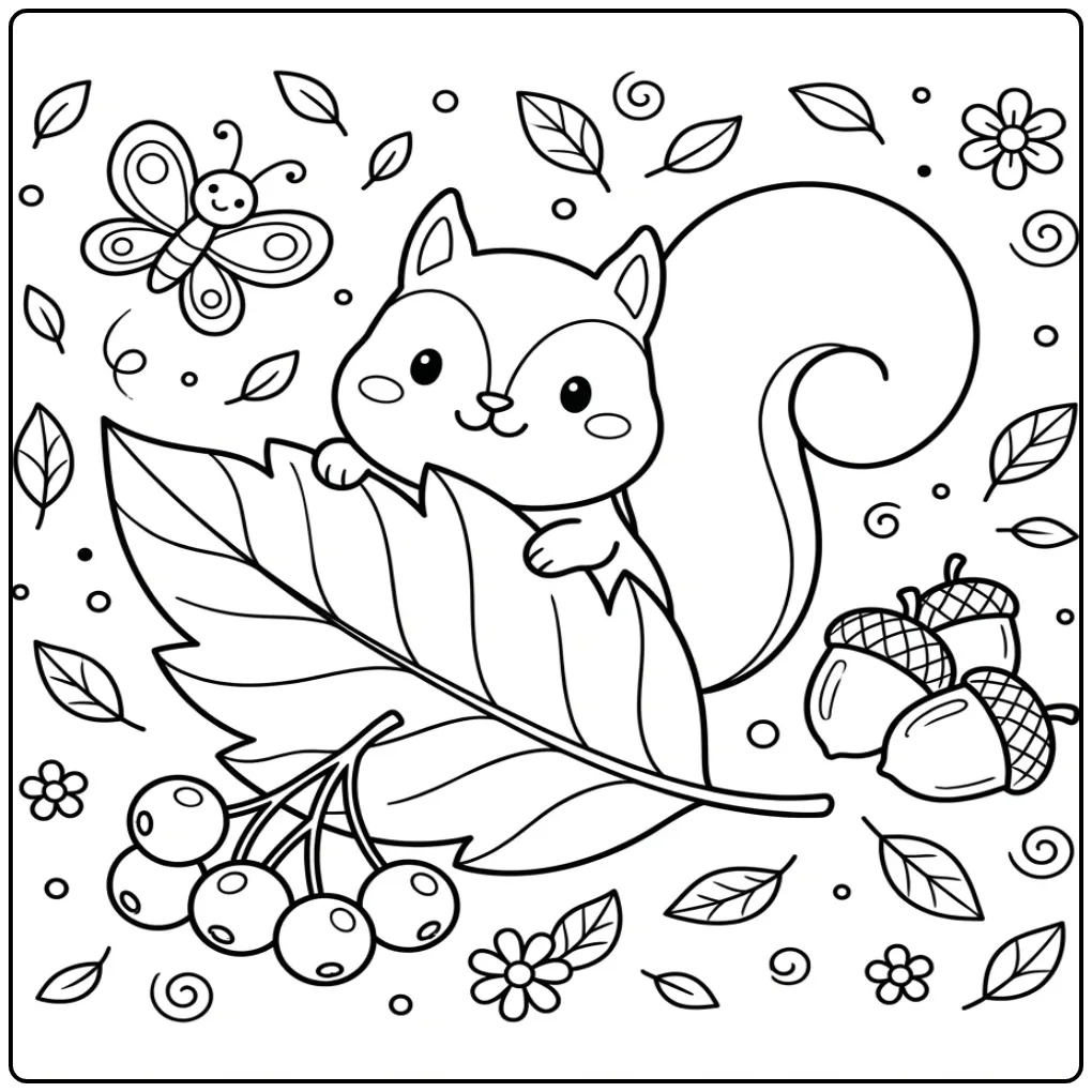Autumn squirrel coloring page peeking from behind a leaf
