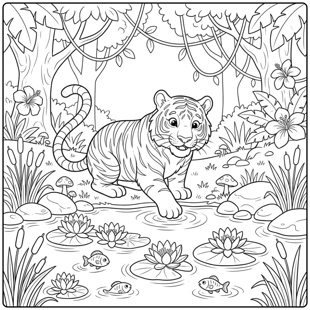 Tiger coloring page touching water with its paw