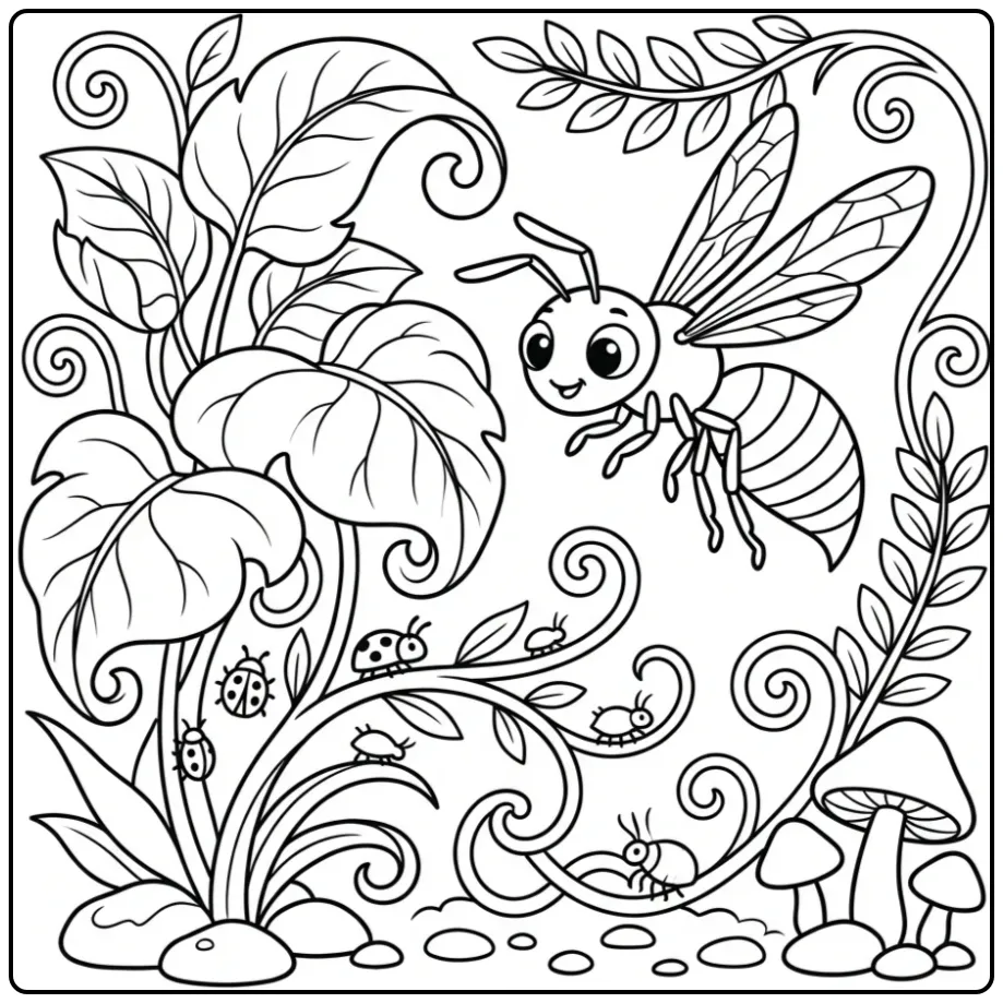 Wasp coloring page searching among leaves for insects