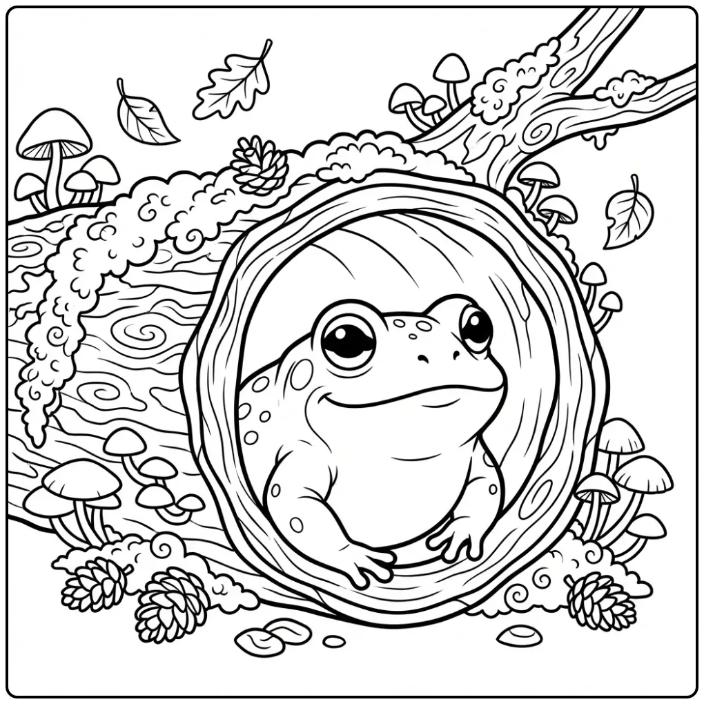 Toad coloring page in a hollow tree trunk