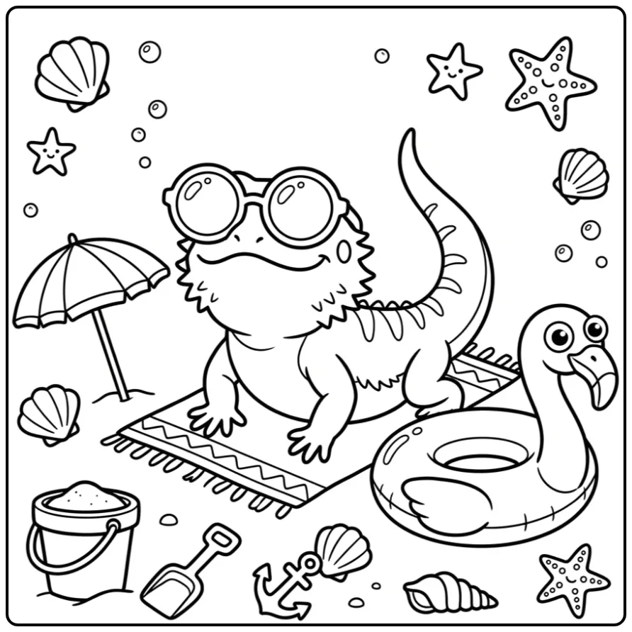 Funny bearded dragon coloring page wearing sunglasses at the beach