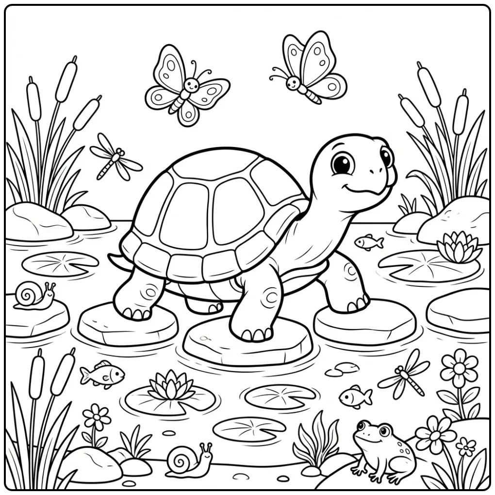 Cute turtle coloring page with butterflies by a pond