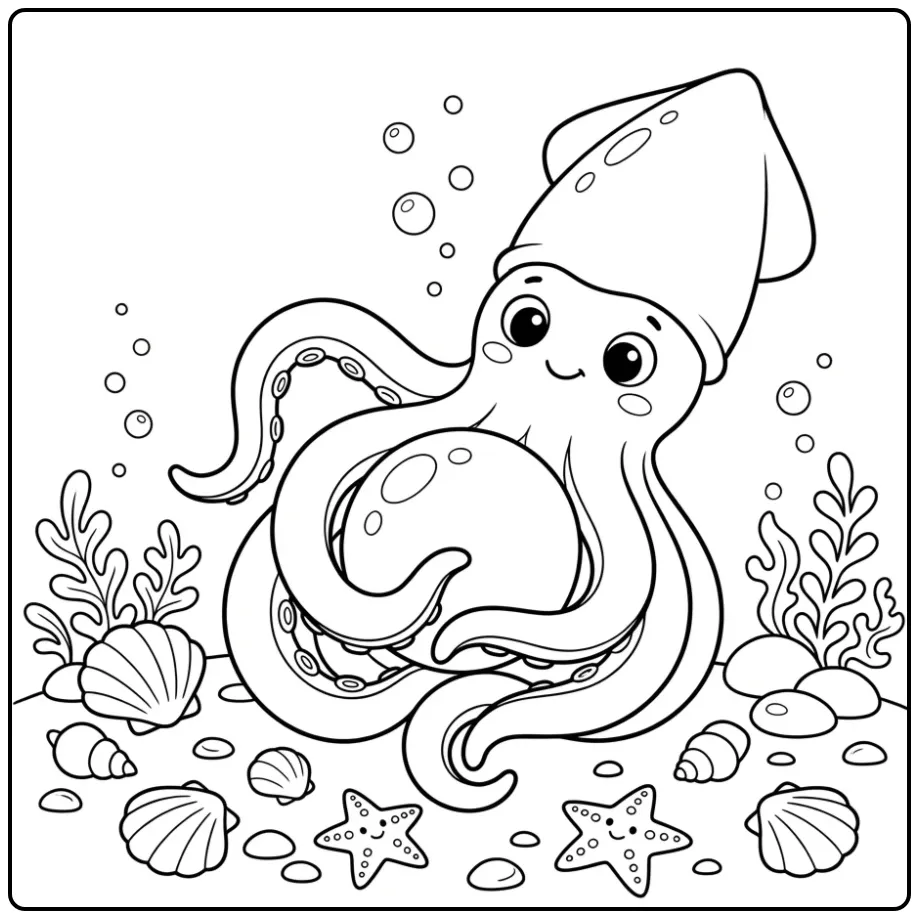 Squid coloring page with a pearl on the ocean floor