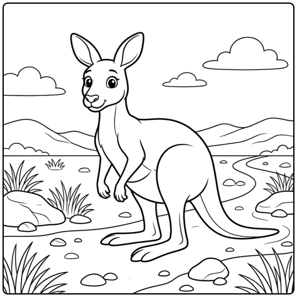 Kangaroo coloring page with an alert animal in the outback