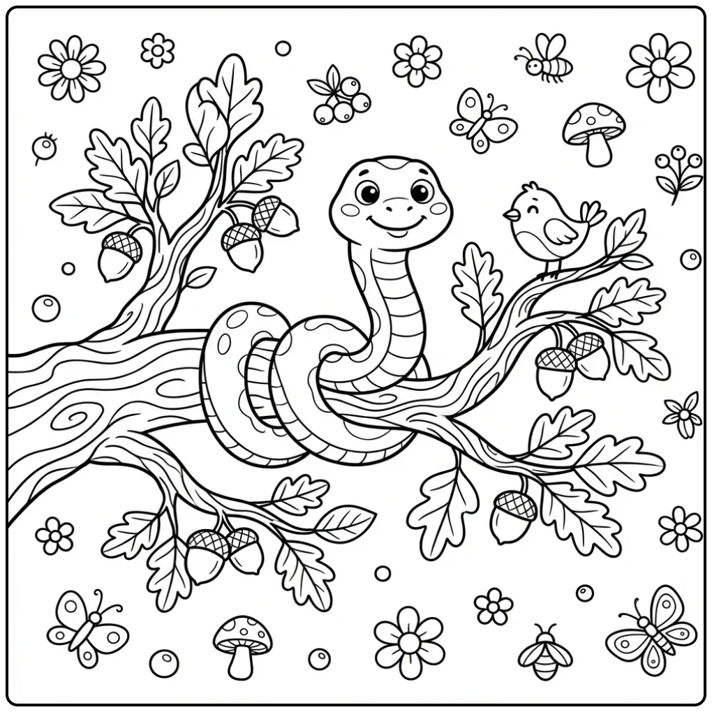 Snake in a tree coloring page showing a snake with a bird on a branch