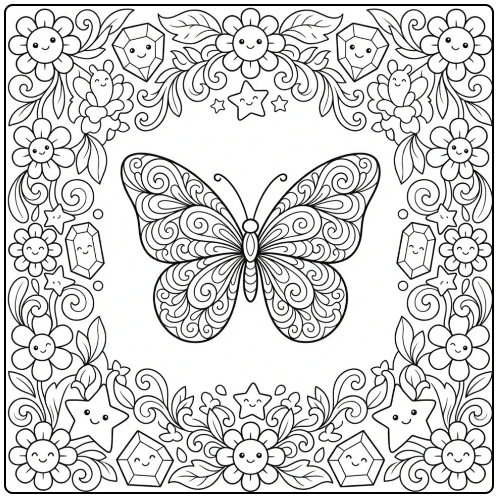 Difficult butterfly coloring page with stars