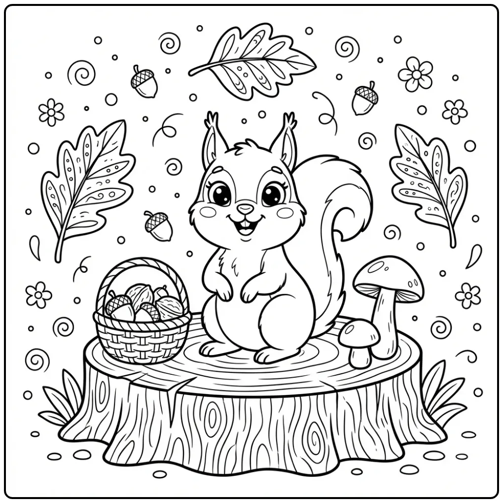 Simple squirrel coloring page with a basket of nuts