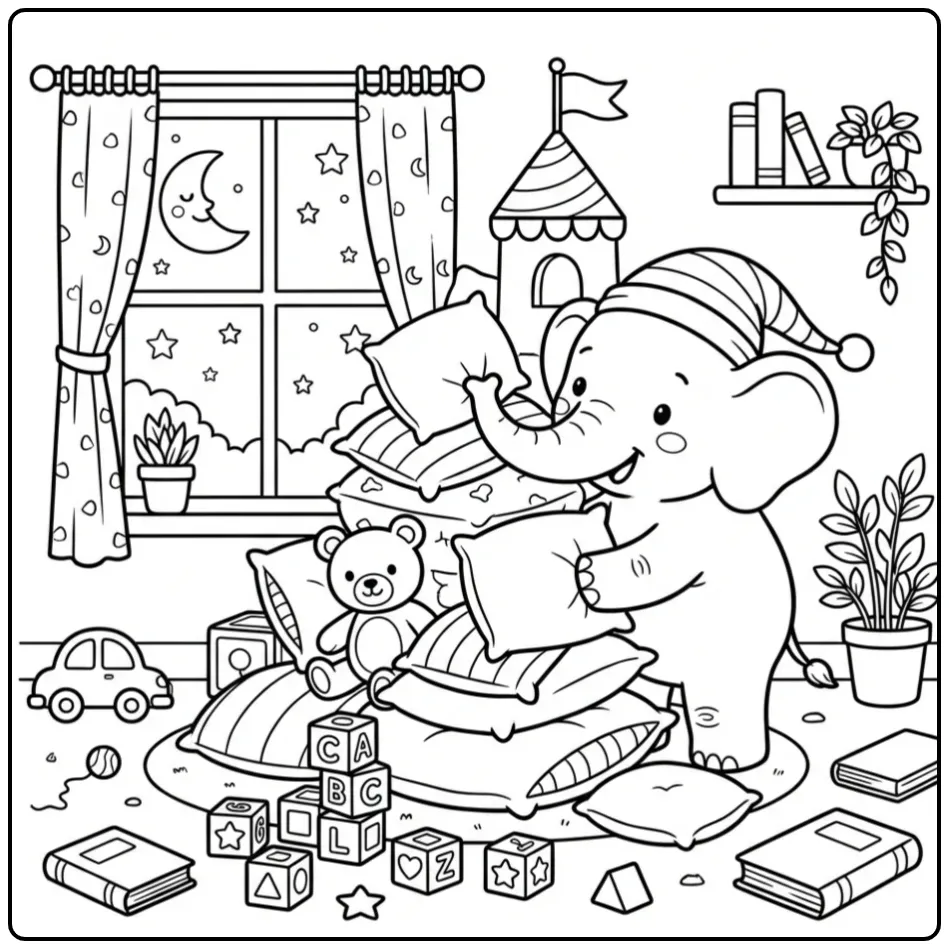 Elephant coloring page building a pillow castle