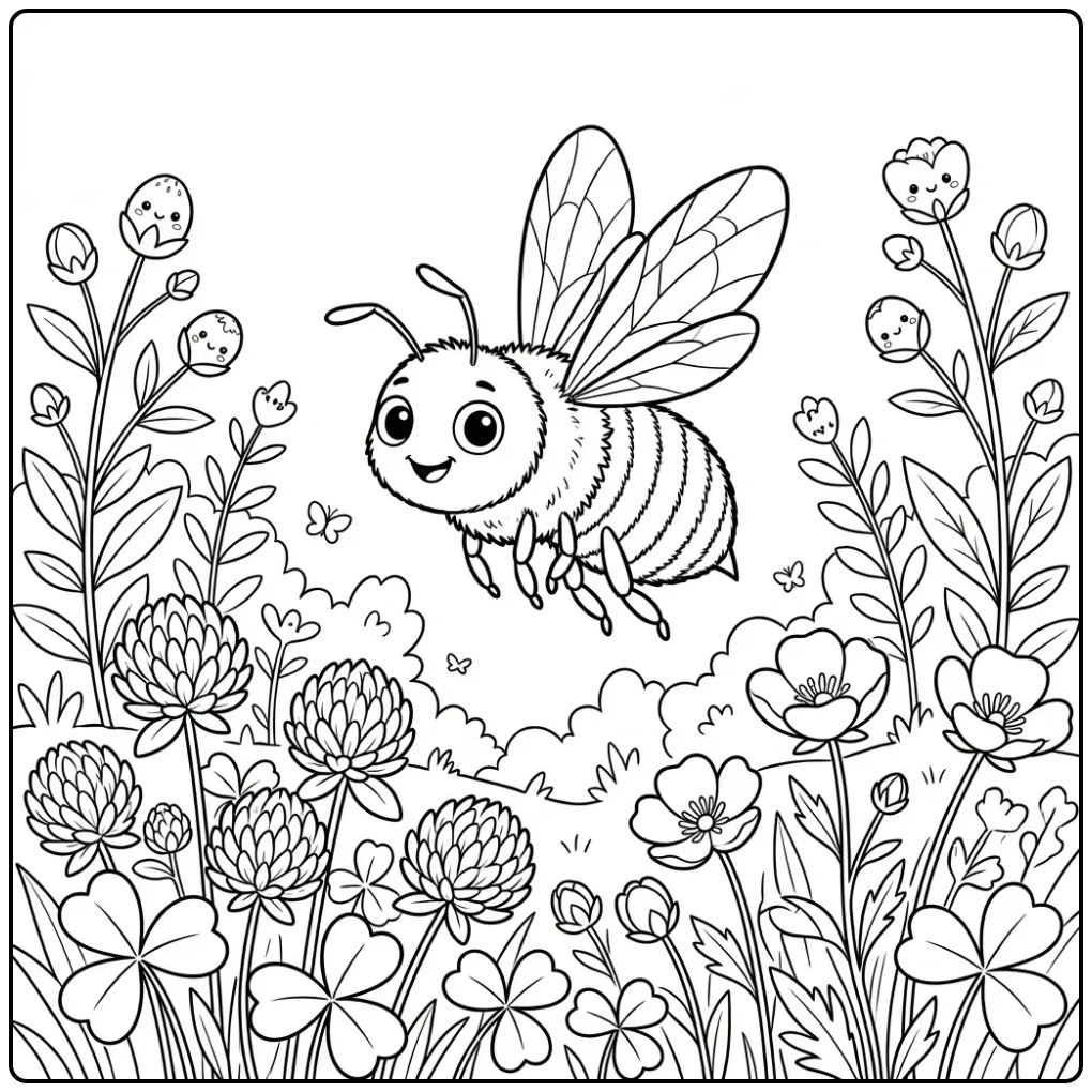 Flying bee coloring page among flowers