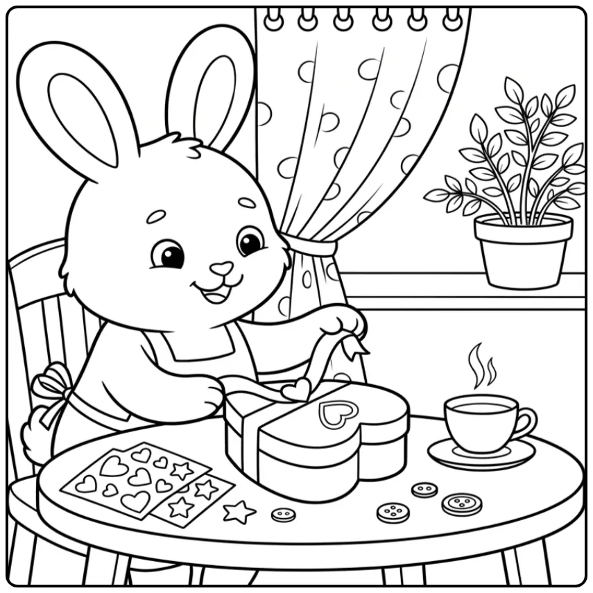 Rabbit with heart coloring page and a gift box
