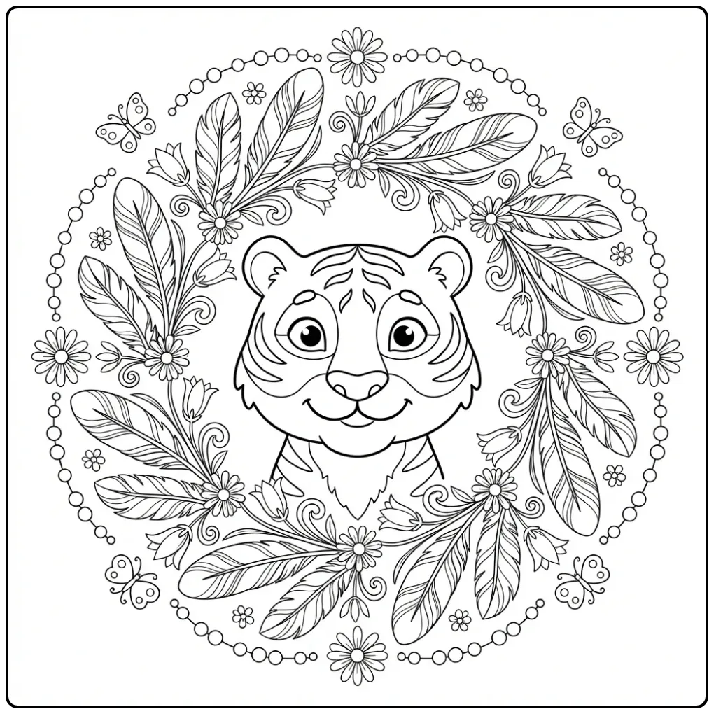 Mandala tiger coloring page with feathers and butterflies
