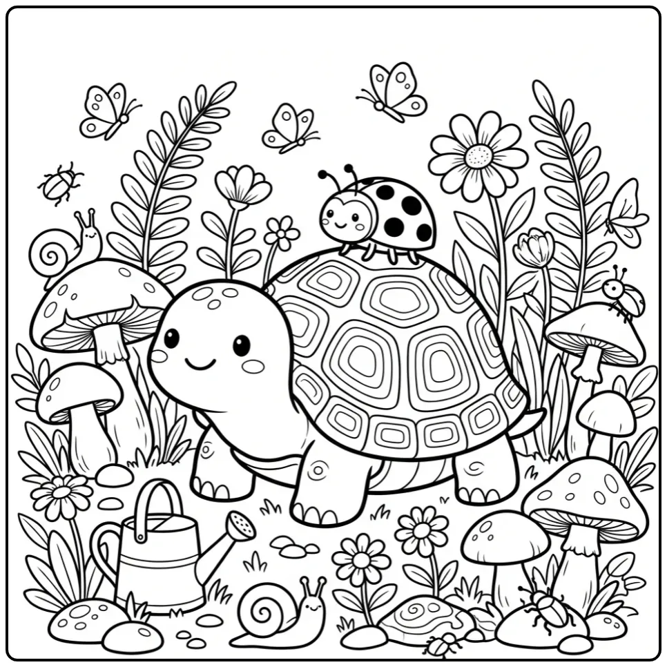 Cute turtle coloring page with a tiny ladybug