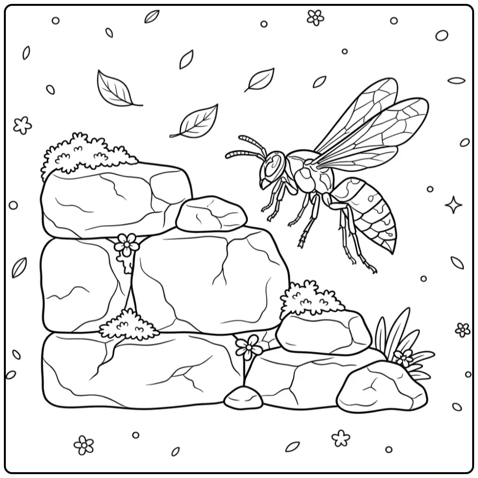 Cute wasp coloring page flying by a stone wall