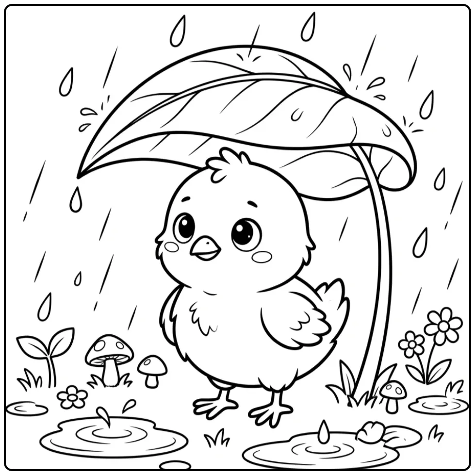 Rainy chick coloring page under a large leaf