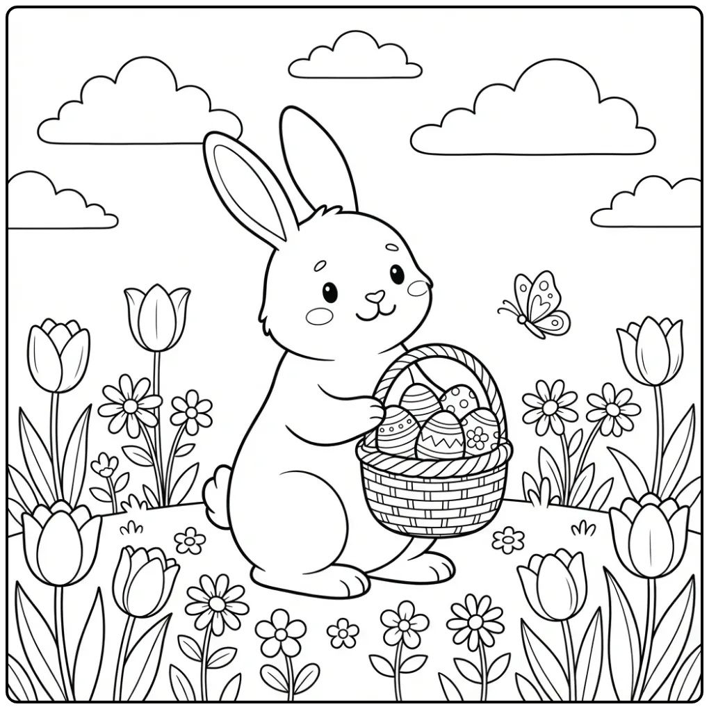 Easter Bunny coloring page with flowers and Easter eggs