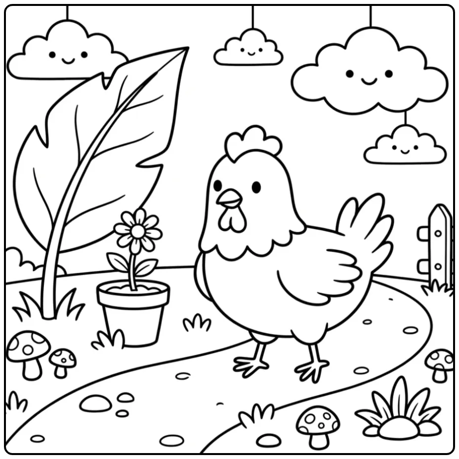 Toddler chicken coloring page walking on a garden path