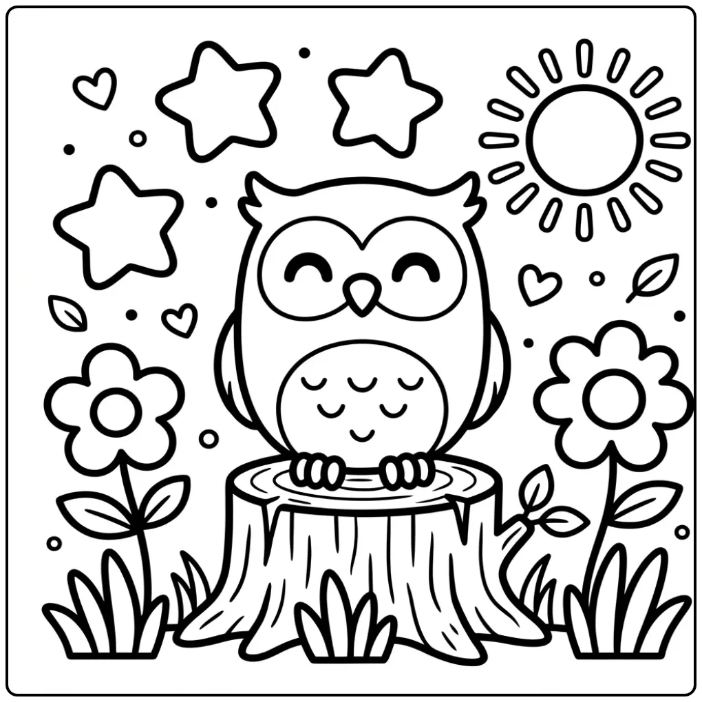 Toddler owl coloring page with flowers and sun