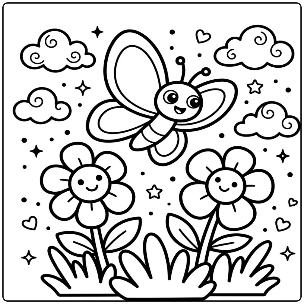 Toddler butterfly coloring page with big flowers and clouds