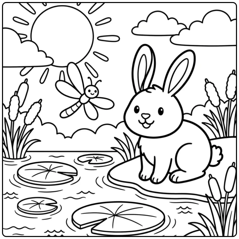 Toddler rabbit coloring page with sun and clouds by a pond