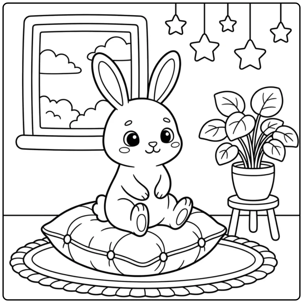 Toddler rabbit coloring page on a big cushion