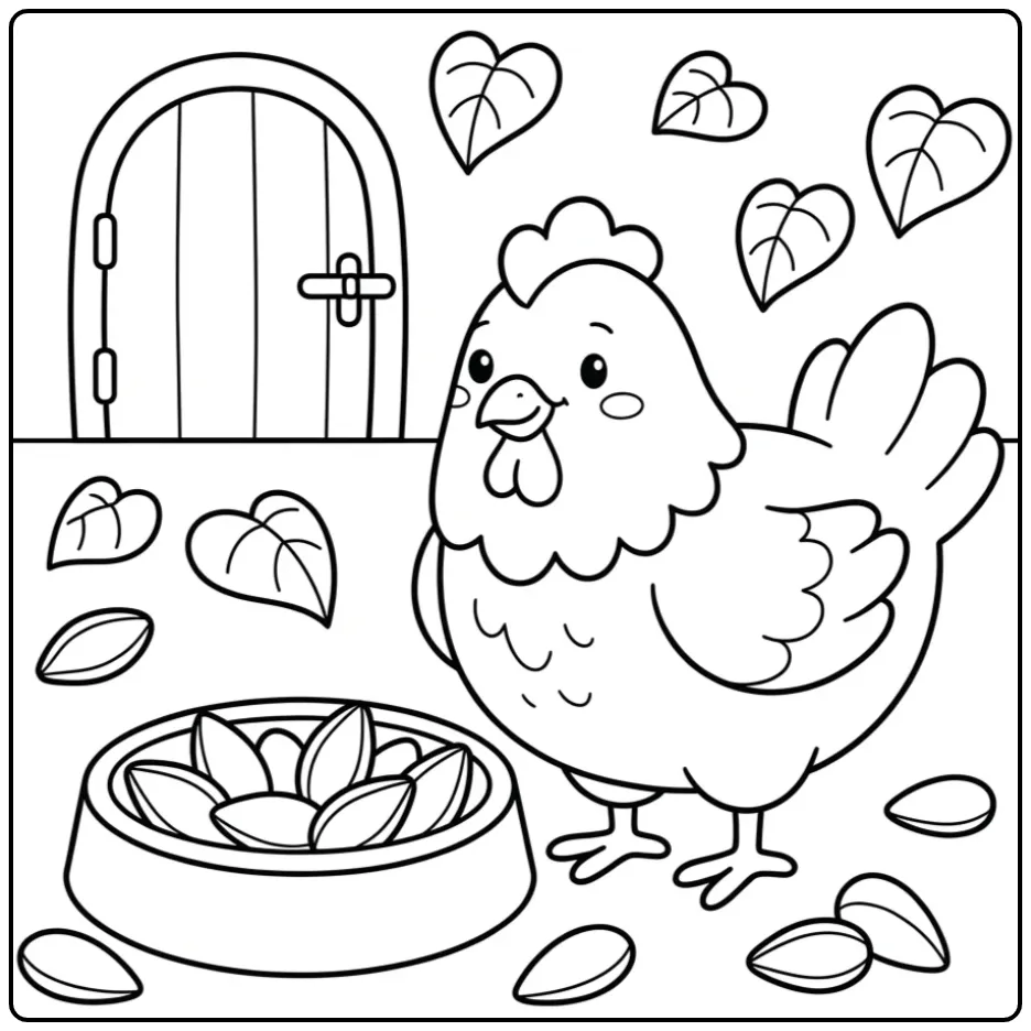 Toddler chick coloring page with a hen and feeder