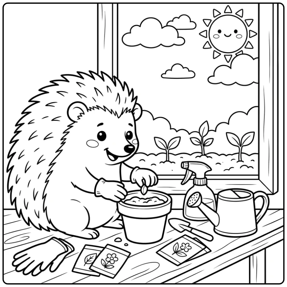 Hedgehog coloring page planting seeds in a pot