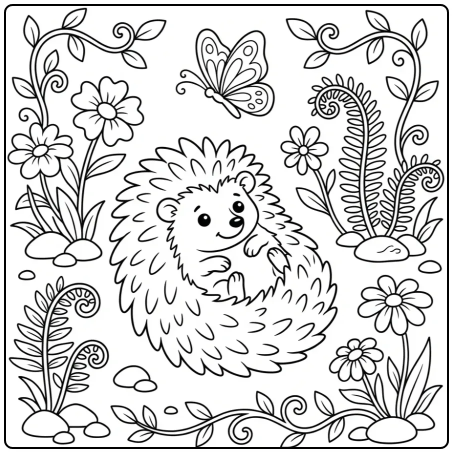 Hedgehog coloring page curled up by flowers and butterflies